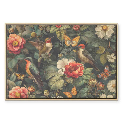 Leinwandbild - Flowers, birds and butterflies – vintage-style illustration