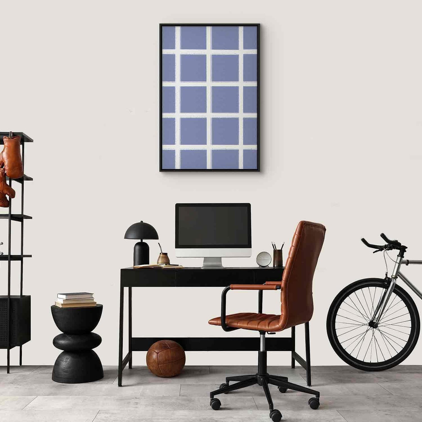 Leinwandbild - Lines and Symmetry - Expressive White Grid on a Blue Background