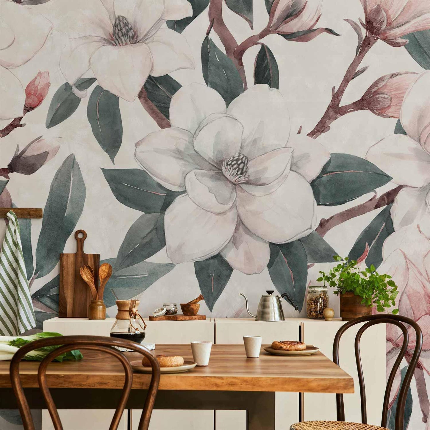 Fototapete "Aquarell Magnolien – Zweite Variante" – Elegante Blüten in sanften Farben