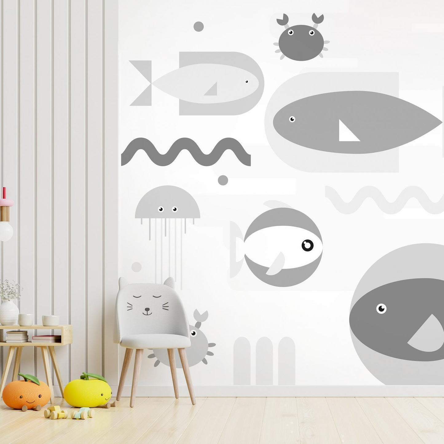Fototapete - Minimalist grey ocean - geometric fish in water for children Artgeist