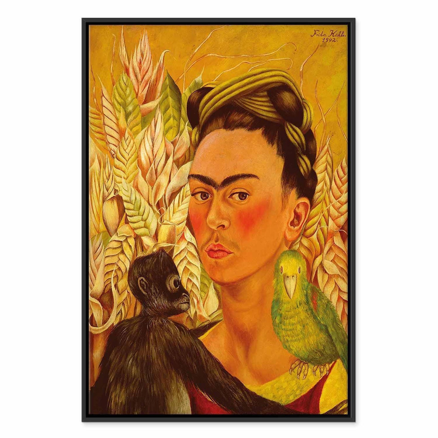 Leinwandbild - Frida Kahlo – Self-Portrait with Monkey and Parrot