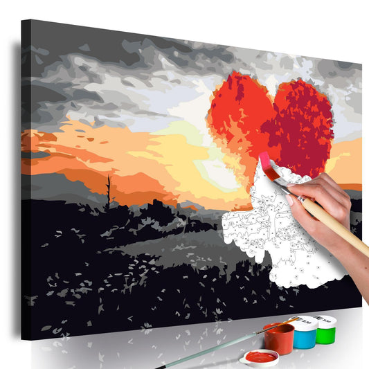 Wandbild zum Ausmalen Heart-Shaped Tree Sunrise - Romantischer Herzbaum im Sonnenaufgang Malen nach Zahlen Set mit Leinwand, Farben und Pinseln