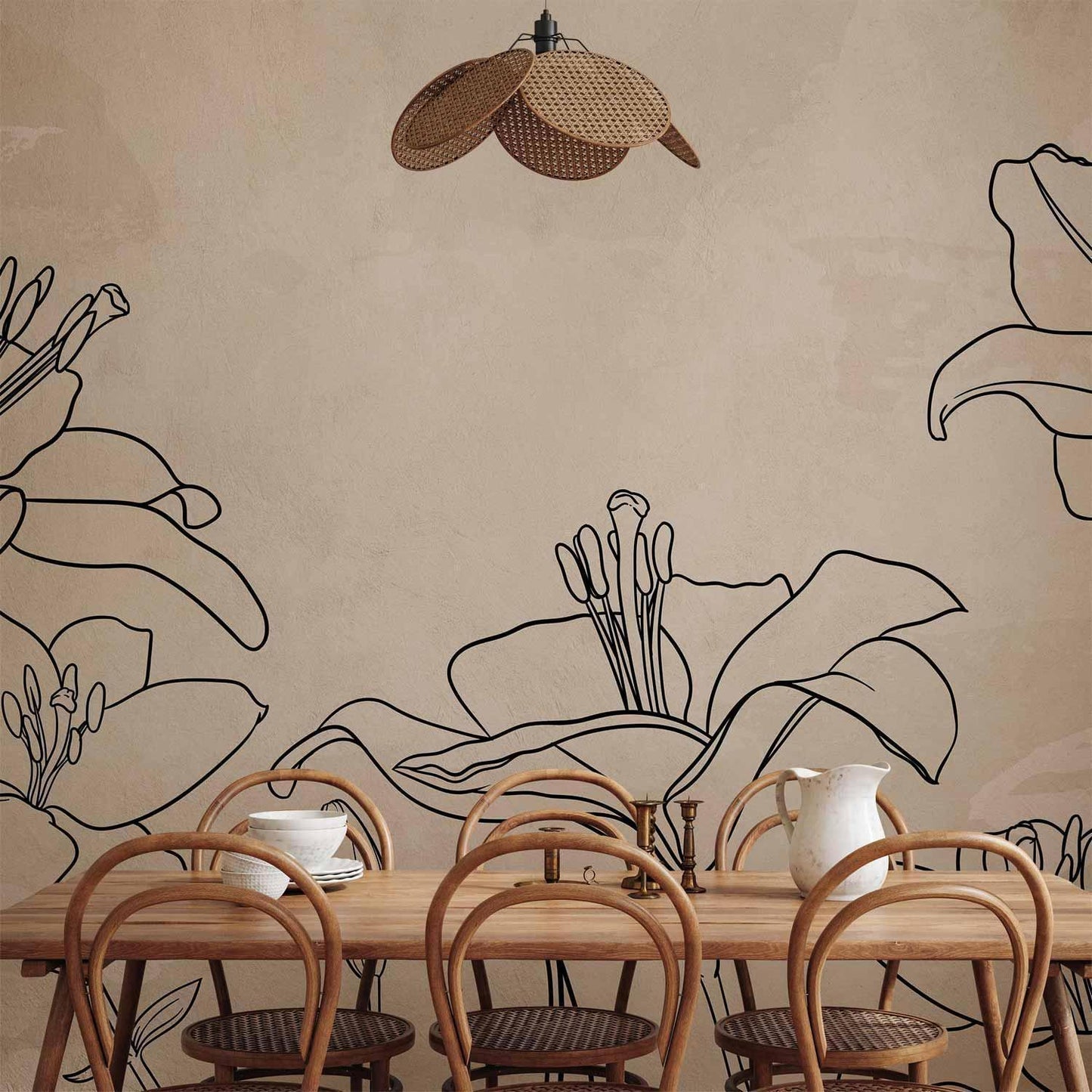 Fototapete - Sketch of nature - minimalist lineart with lily flowers on a beige background