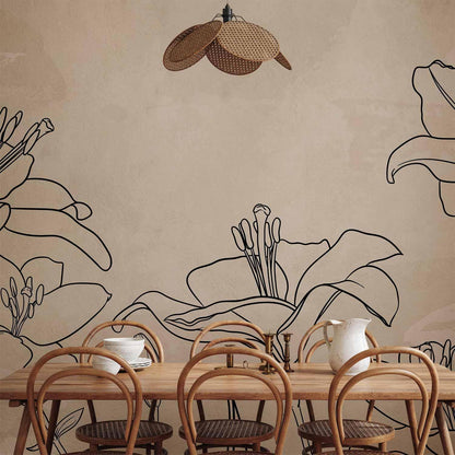 Fototapete - Sketch of nature - minimalist lineart with lily flowers on a beige background