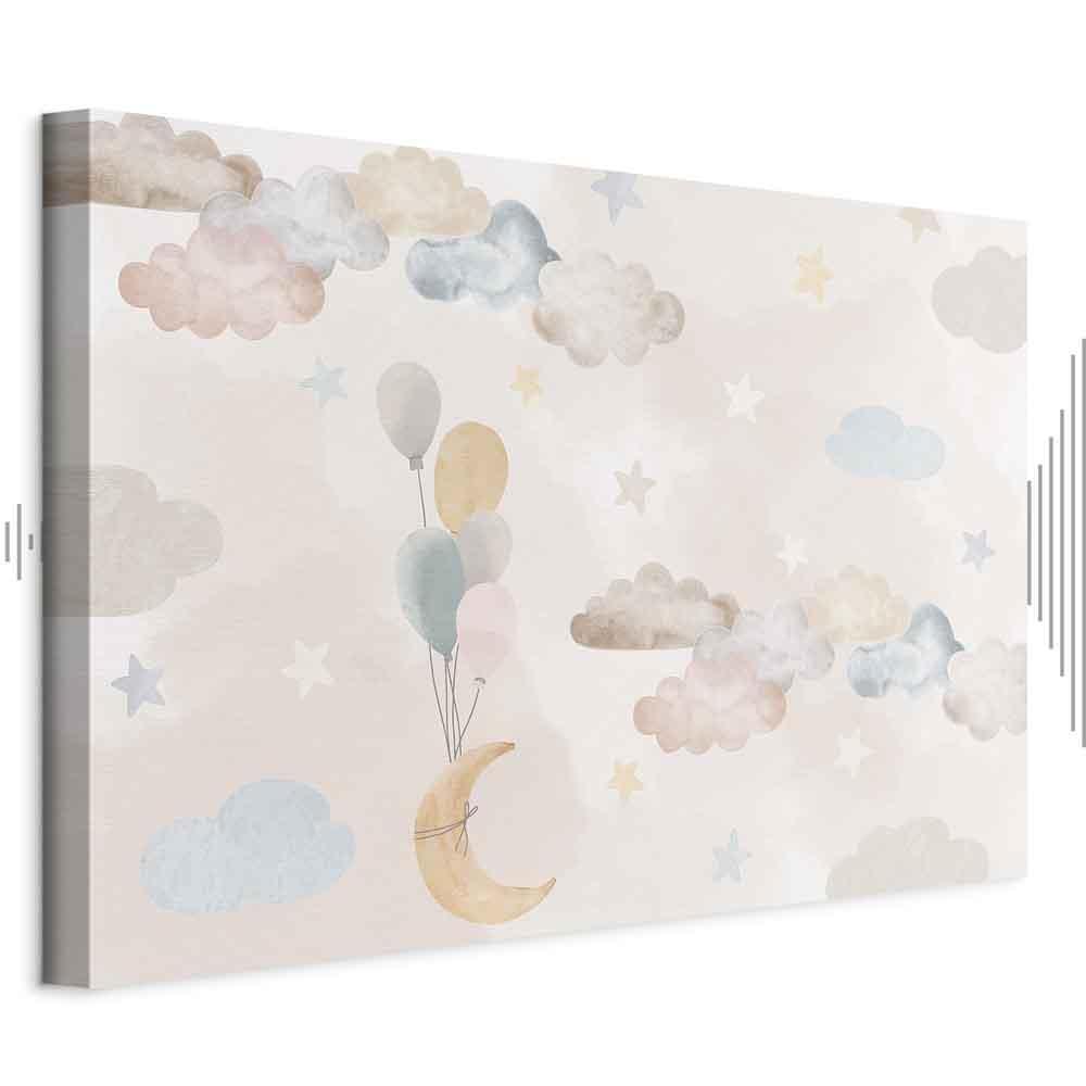 Leinwandbild - Fairy-Tale Moon - Pastel Moon with Balloons Among Colorful Clouds and Stars in Subdued Colors on a Light Background