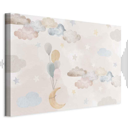 Leinwandbild - Fairy-Tale Moon - Pastel Moon with Balloons Among Colorful Clouds and Stars in Subdued Colors on a Light Background