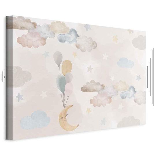 Leinwandbild - Fairy-Tale Moon - Pastel Moon with Balloons Among Colorful Clouds and Stars in Subdued Colors on a Light Background