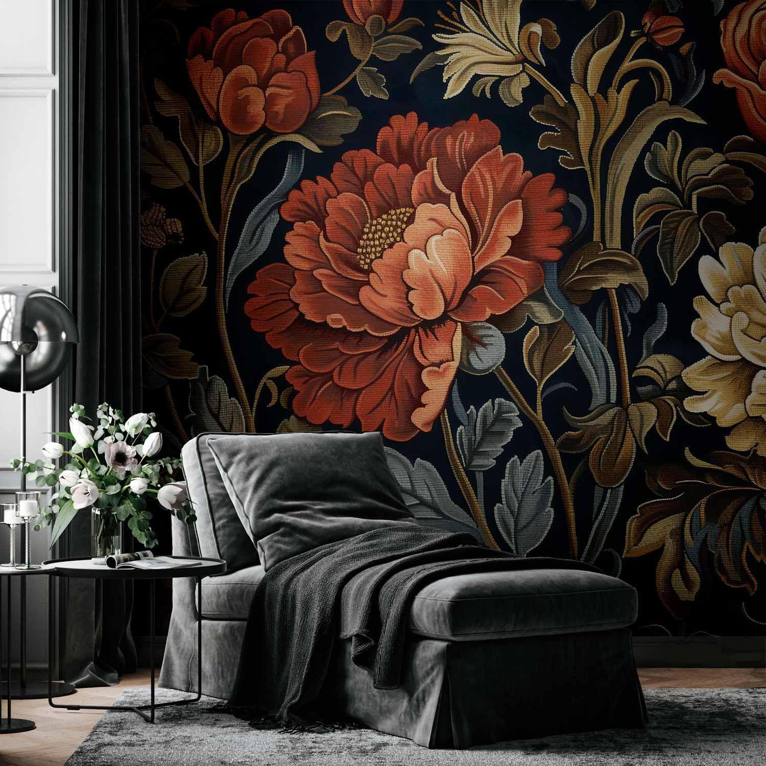 Fototapete - Tapestry Large Flowers Retro Floral Motif in Kilim Style Artgeist