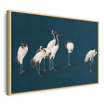 Leinwandbild - Evening by the pond - a group of cranes drawn in dry pastel on a dark turquoise background