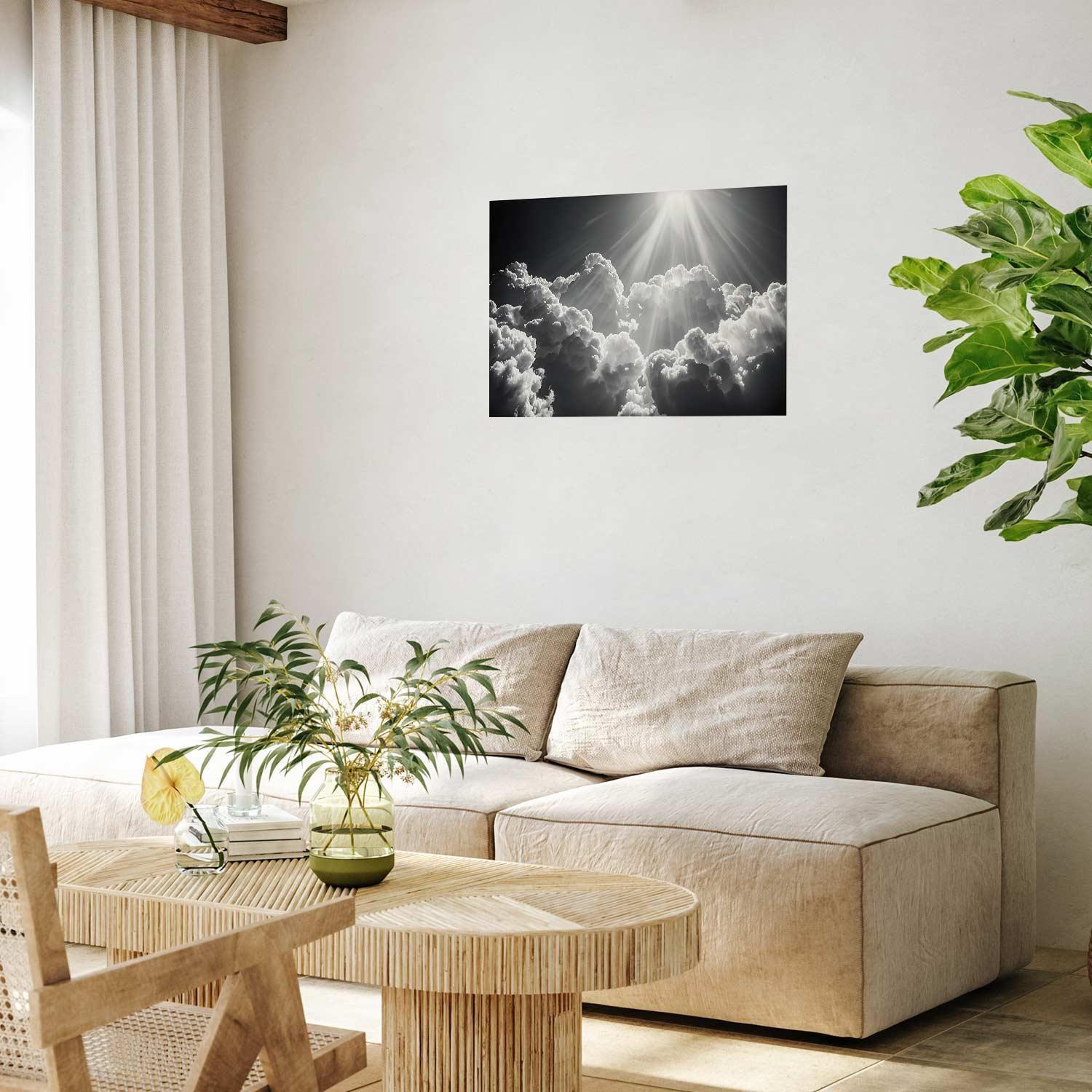 Wolken und Sonne in monochromer Darstellung – kraftvolles Wandbild