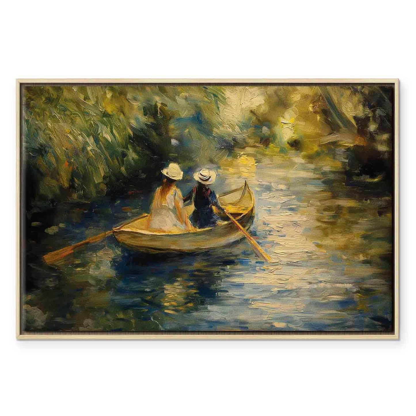 Leinwandbild - Boat crossing - painting of two women sailing a boat on a river