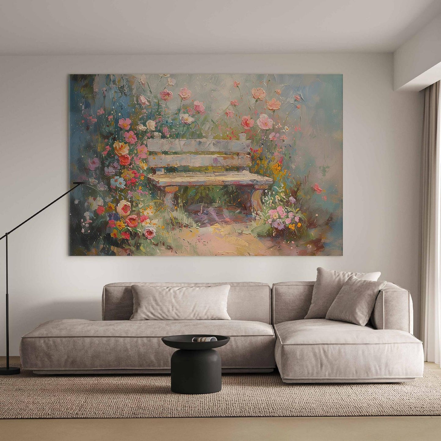 Wandbild XXL - Flowery bench - impressionist painting full of flowers