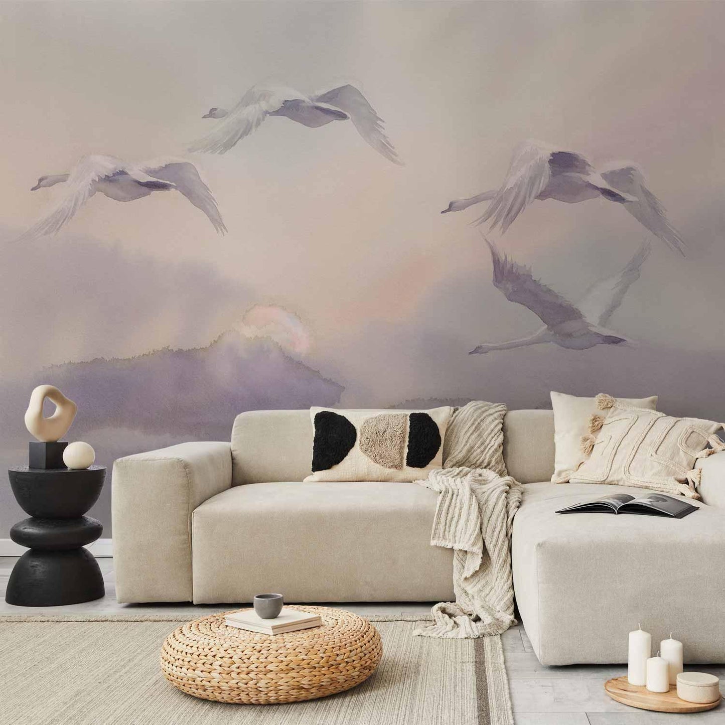 Fototapete - Flying Swans Artgeist