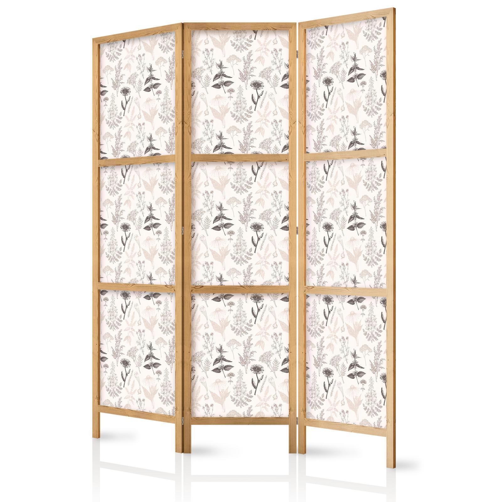Japanischer Paravent - Botanical Illustration - Drawing of Flowers and Herbs - Beige Grays Artgeist