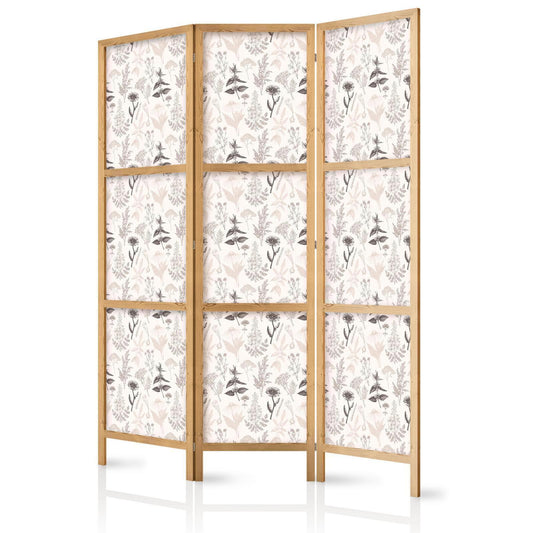 Japanischer Paravent - Botanical Illustration - Drawing of Flowers and Herbs - Beige Grays Artgeist