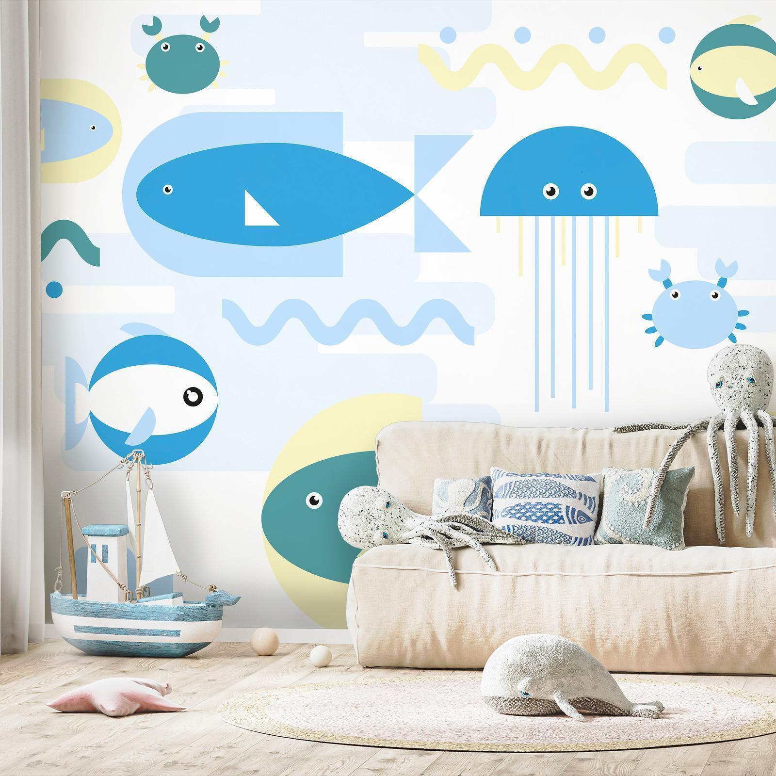 Fototapete - Animals in the sea - geometric blue fish in water for kids Artgeist