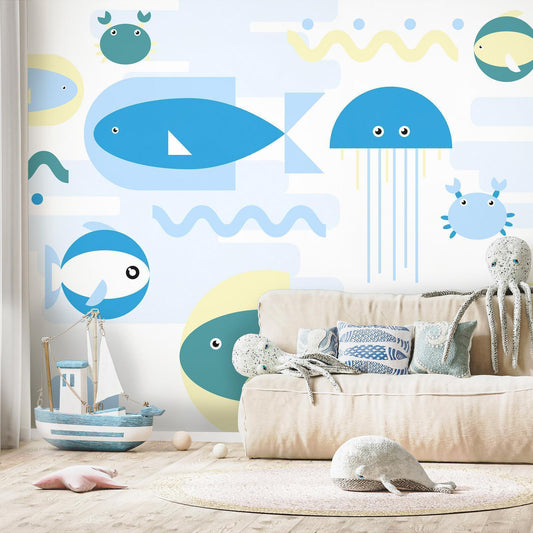 Fototapete - Animals in the sea - geometric blue fish in water for kids Artgeist