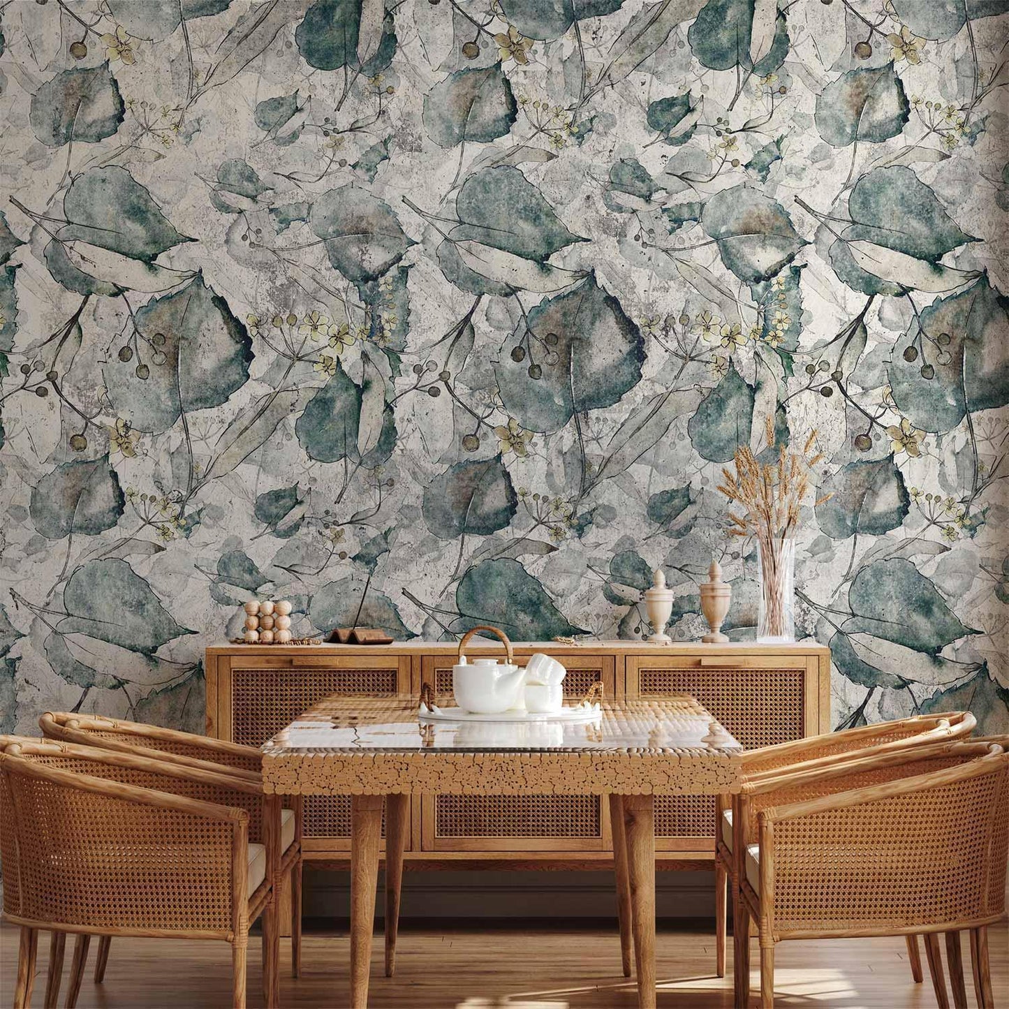 Fototapete - Autumn souvenirs - cool grey floral pattern with leaves