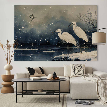 Wandbild XXL - Herons over a winter pond - Japanese-style illustration in dark colours