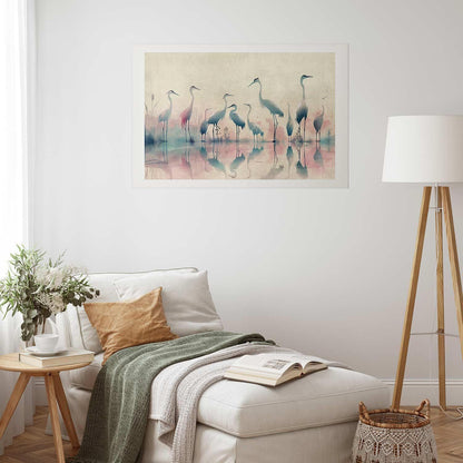 Watercolor herons by the lake poster in gray-pink palette.