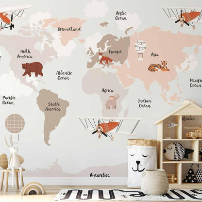 Fototapete - Map in Shades of Beige - Continents With Animals Artgeist