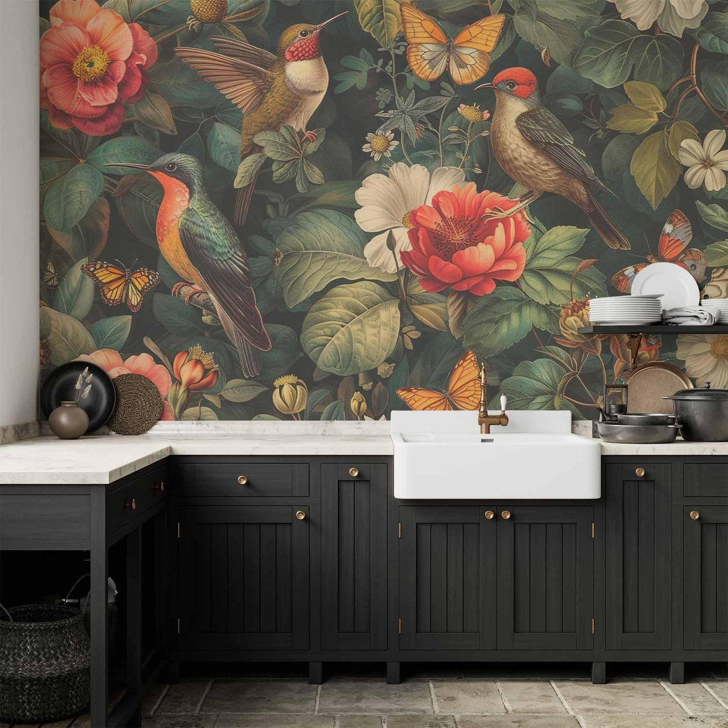 Fototapete - Flowers, birds and butterflies – vintage-style illustration