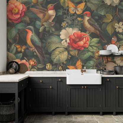 Fototapete - Flowers, birds and butterflies – vintage-style illustration