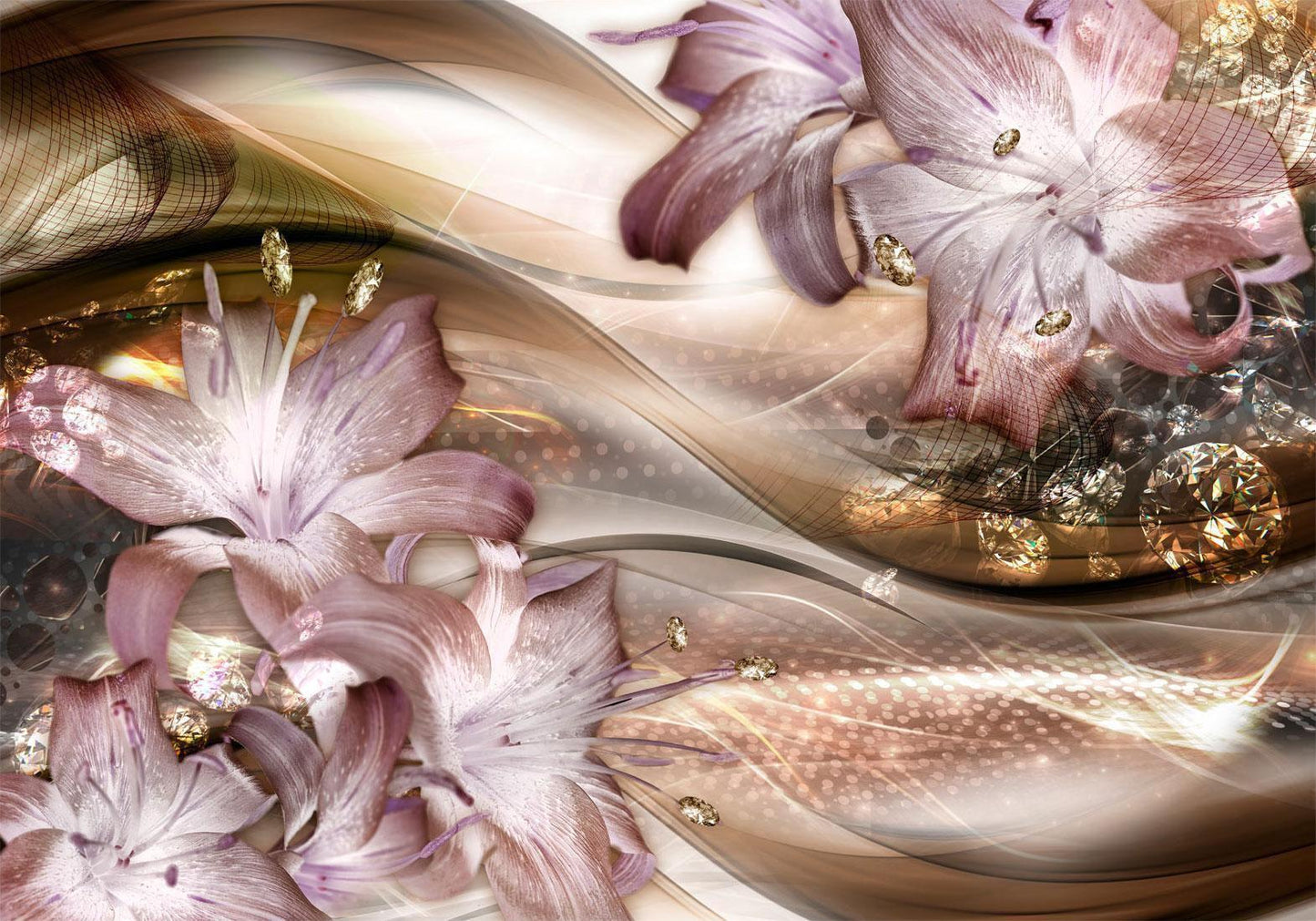 Fototapete Lilien auf der Welle – Braun | Elegante Blüten in Bewegung