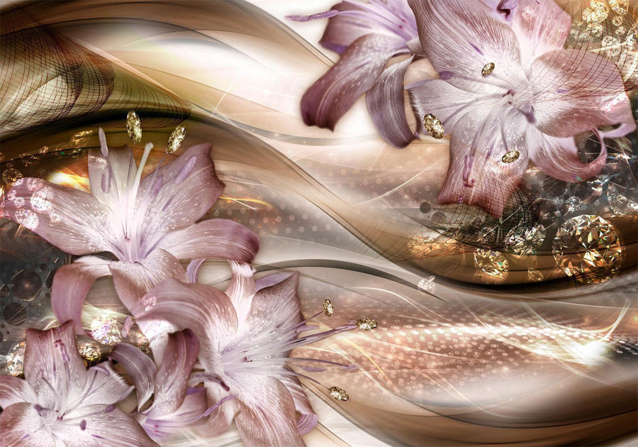 Fototapete Lilien auf der Welle – Braun | Elegante Blüten in Bewegung