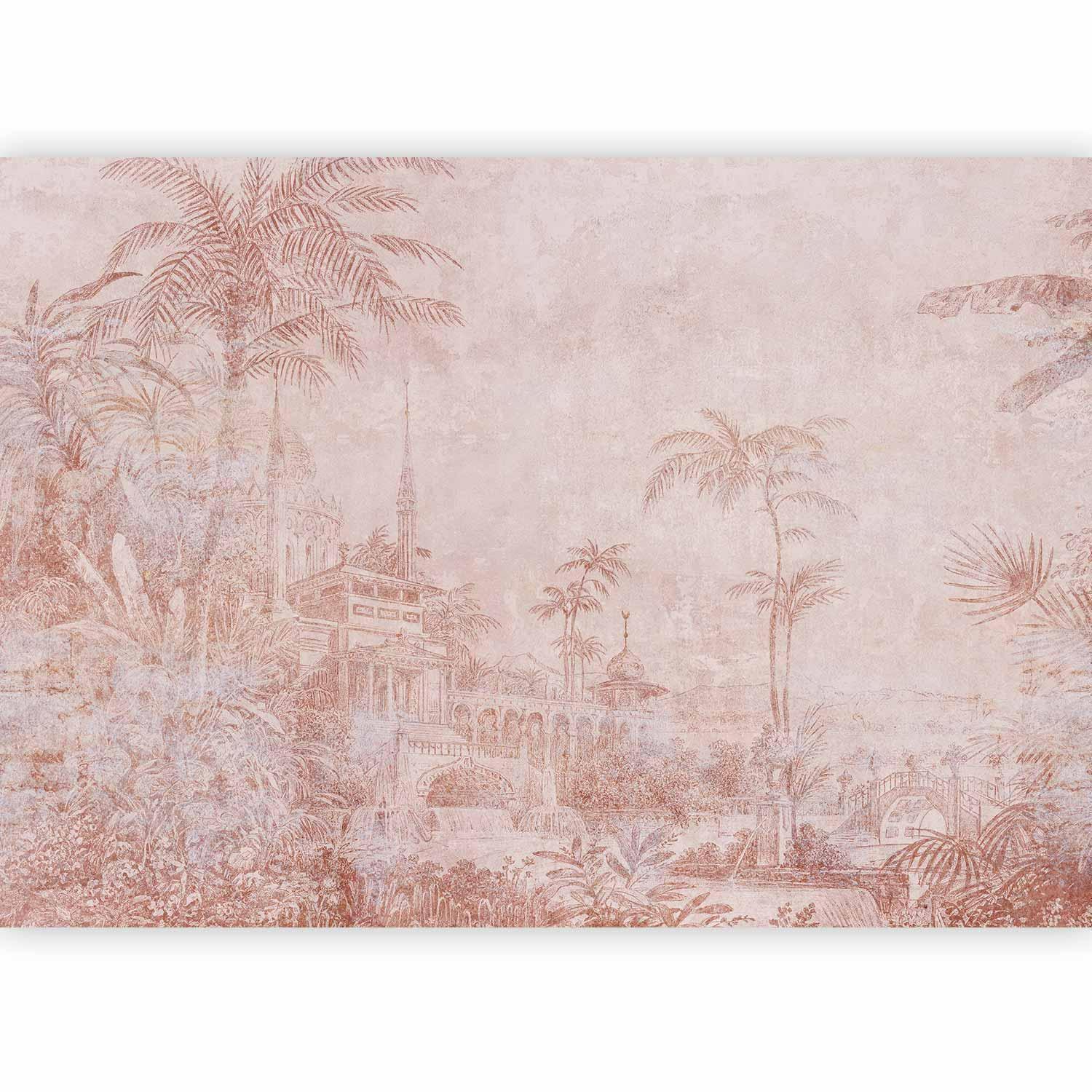 Fototapete - Landscape with temple - engraving of Indian architecture with palm trees Artgeist