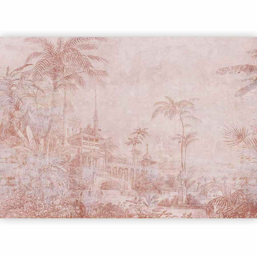 Fototapete - Landscape with temple - engraving of Indian architecture with palm trees Artgeist