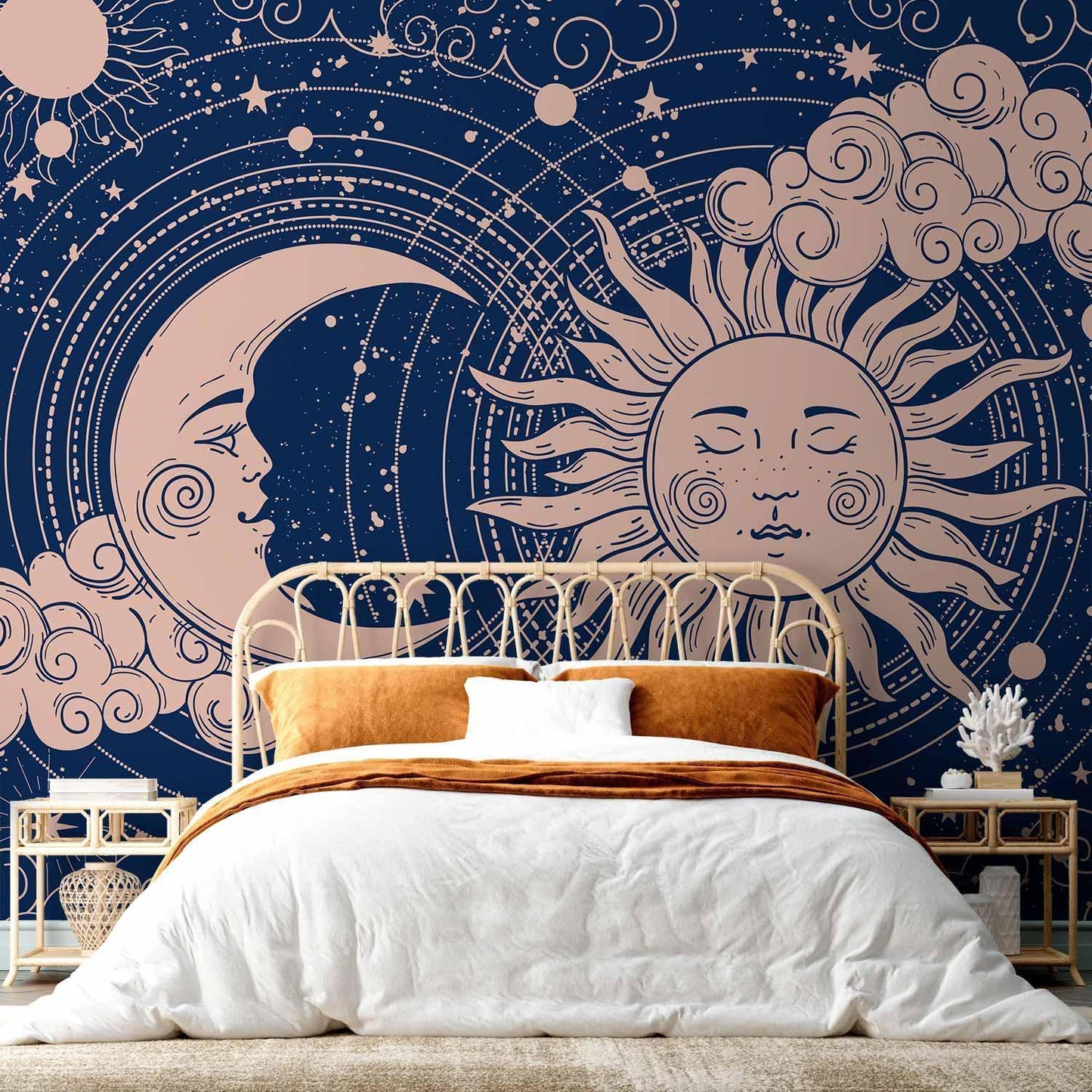 Fototapete - Cosmic Harmony - Illustration of the Sun and Moon on a Navy Background