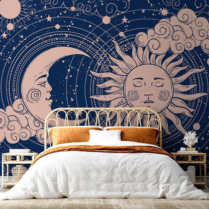 Fototapete - Cosmic Harmony - Illustration of the Sun and Moon on a Navy Background