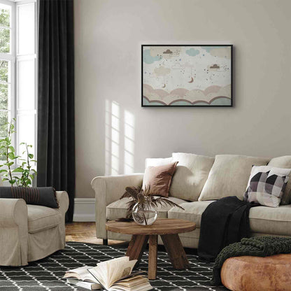 Leinwandbild - Cloudy Night Sky - Moons in Brown and Beige Hues Among Clouds and Numerous Little Stars on a Light Background