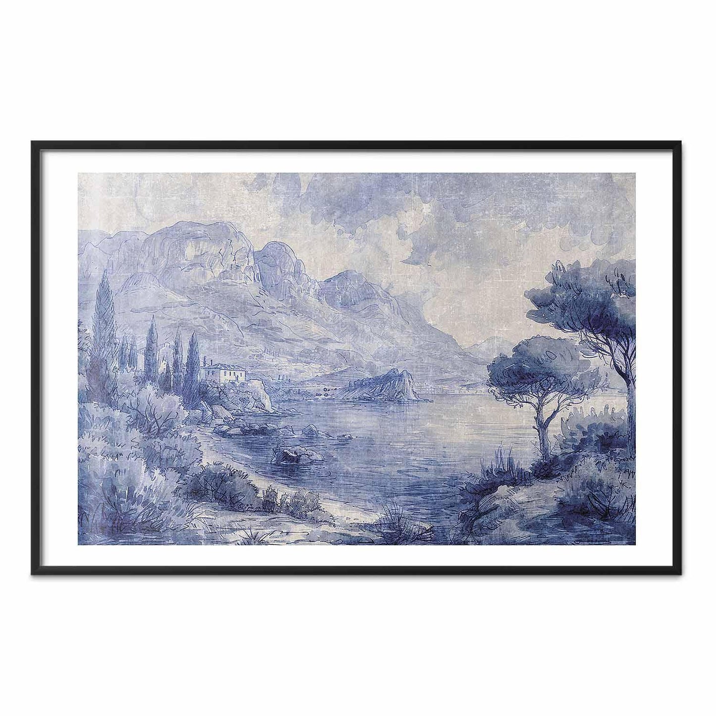 Poster - Blue Bay - Italian Landscape of Lake Como Painted in Blue Ink