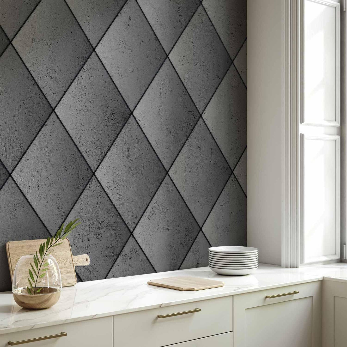 Fototapete - Grey symmetry - geometric pattern in concrete pattern with black joints