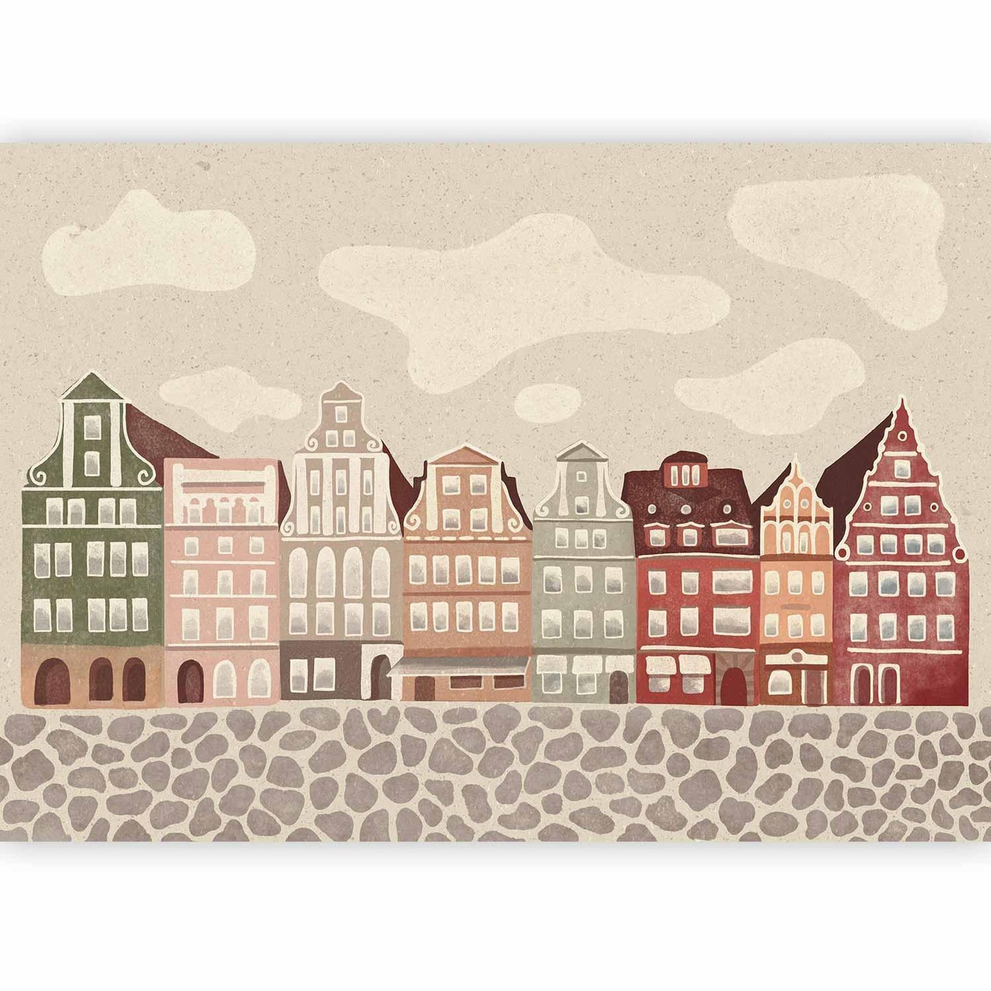 Fototapete - Salt Square - Colorful Illustrated Townhouses Against a Cloudy Sky Background Artgeist