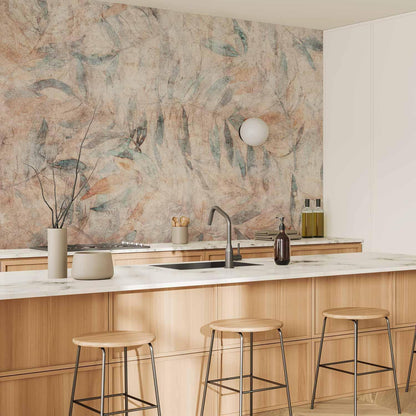 Fototapete - Greek laurels - faded composition with leaves on a beige patterned background