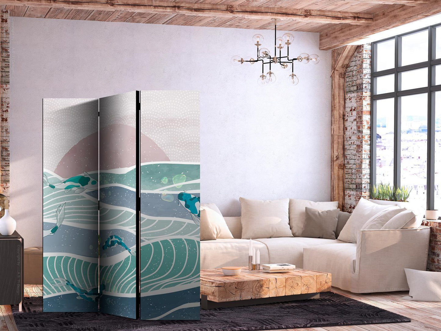 Paravent - Picturesque Landscape With Fish - Sunset And Koi Fish in Shades of Turquoise And Blue Floating Above The Water Artgeist
