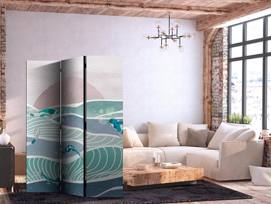 Paravent - Picturesque Landscape With Fish - Sunset And Koi Fish in Shades of Turquoise And Blue Floating Above The Water Artgeist