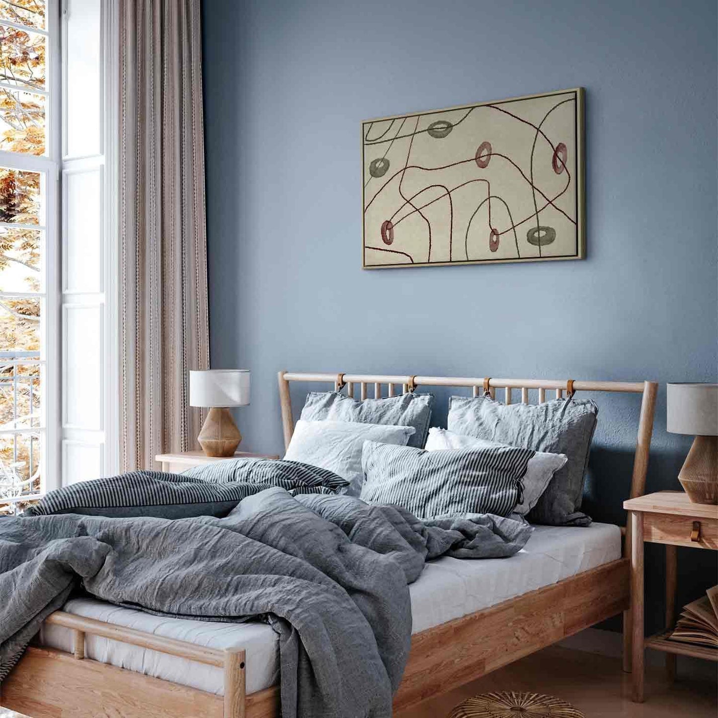 Leinwandbild - Lines and shapes – bead labyrinth on a pale washed background