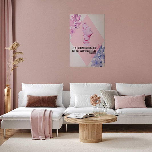 Poster - Confucius on Beauty - a bust in pink with flowers and a quote Artgeist