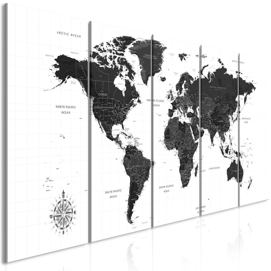 Leinwandbild - Black and White Map (5 Parts) Narrow Artgeist