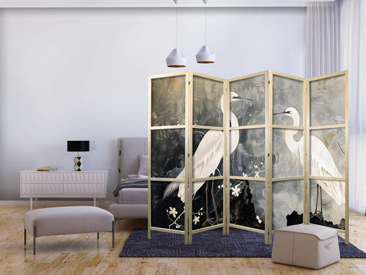 Japanischer Paravent - Herons and cherry blossoms - oriental-style illustration depicting birds