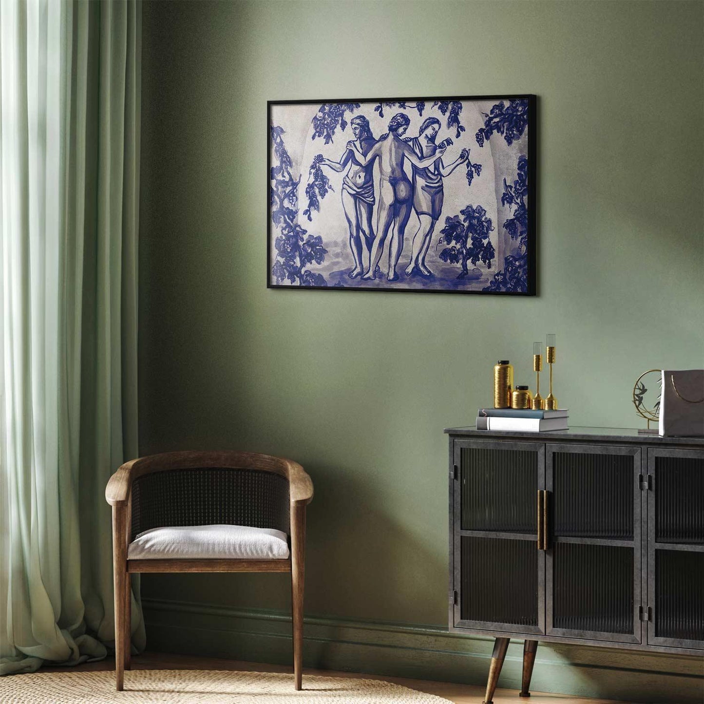 Poster - Ancient Vineyard - three women in a portal painted in blue ink Artgeist