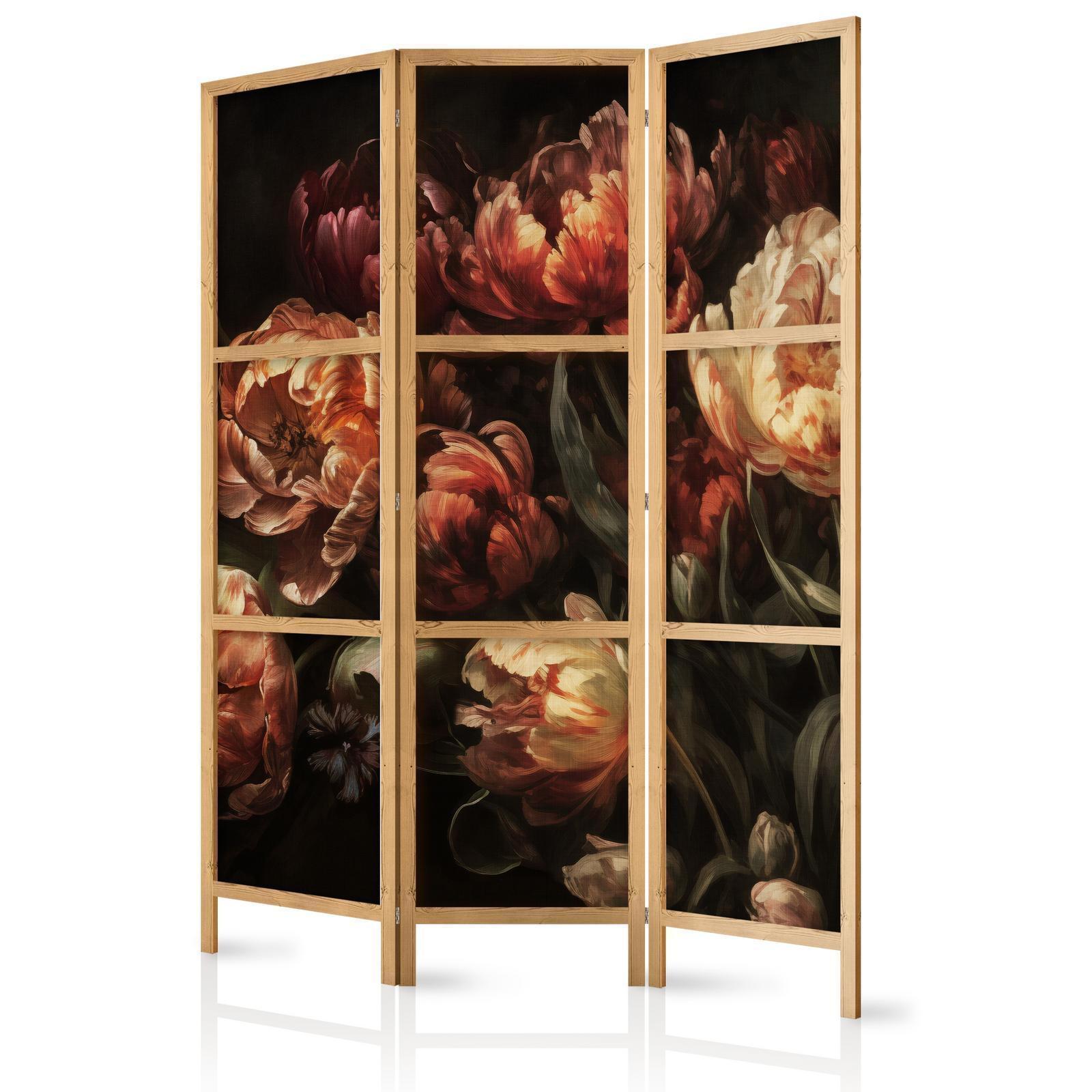 Japanischer Paravent - Magnificent Tulips - Bouquet of Flowers in Red and White on a Black Background Artgeist