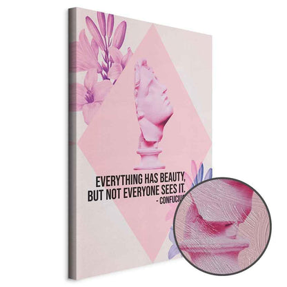 Leinwandbild - Beauty in the Eyes - Inspirational Quote with Pink Bust and Flowers