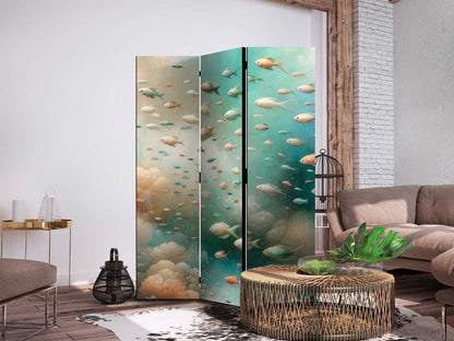 Paravent - Spectacular Underwater Landscape - Fish in an Underwater World in Turquoise Blue Beige and Delicate Orange Colors Artgeist