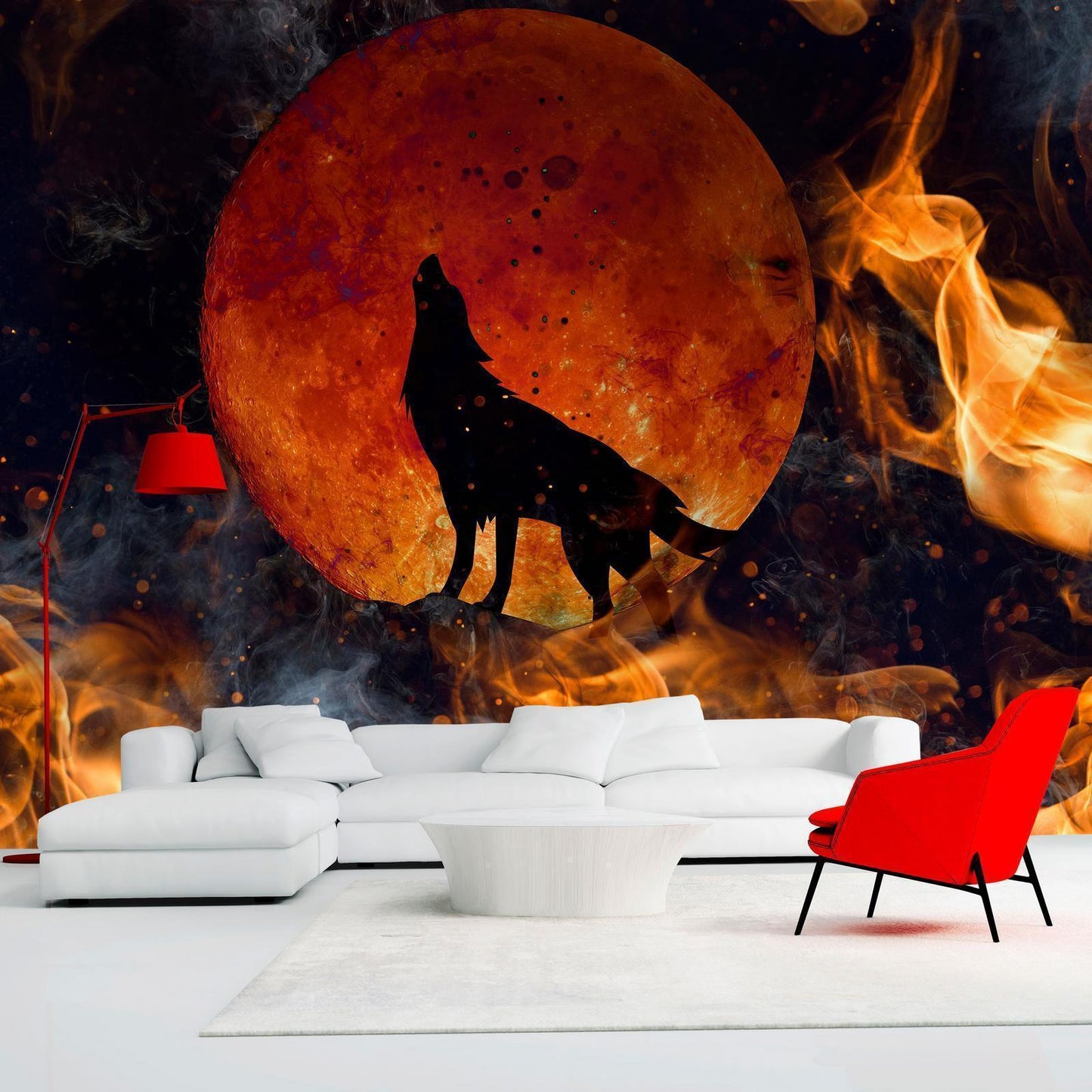 Fototapete - Wild nature - wolf on a background of a red moon in flames of fire Artgeist