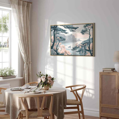 Leinwandbild - Mountainous Coast with Trees and Rocks in Light Pastel Blues